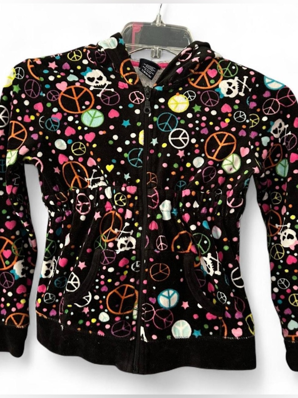 Girls' Black Hooded Zip Jacket with Colorful Print